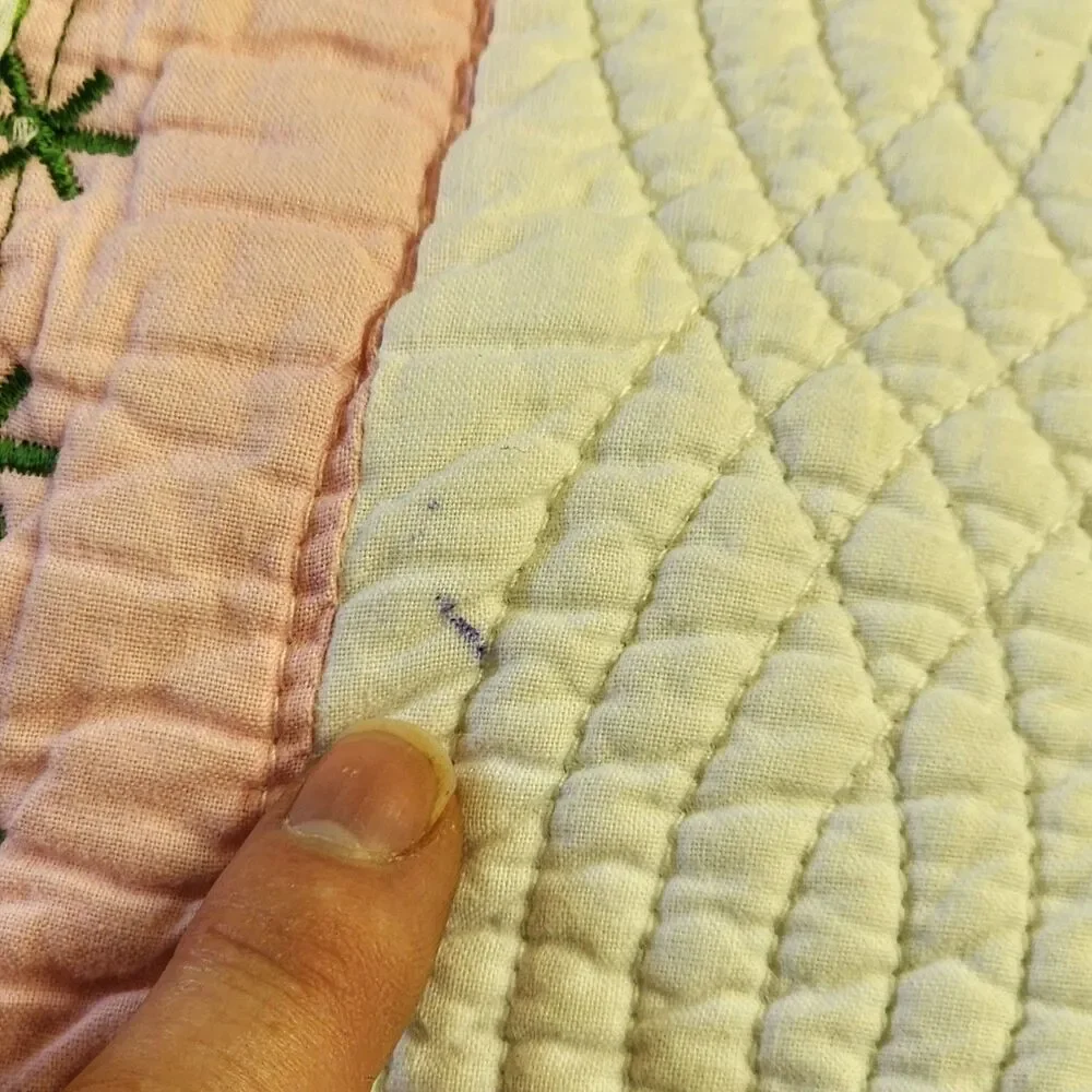Lime Green Pink Floral Twin Size Quilt 100% Cotton Bedspread Striped Embroidered